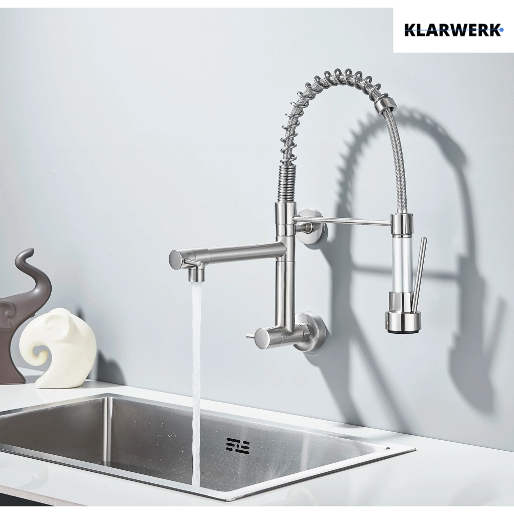Björn|Catering Rubinetto monoforo a parete per acqua fredda argento| professionale da cucina in acciaio inox due docce| doppio lavello ristorante