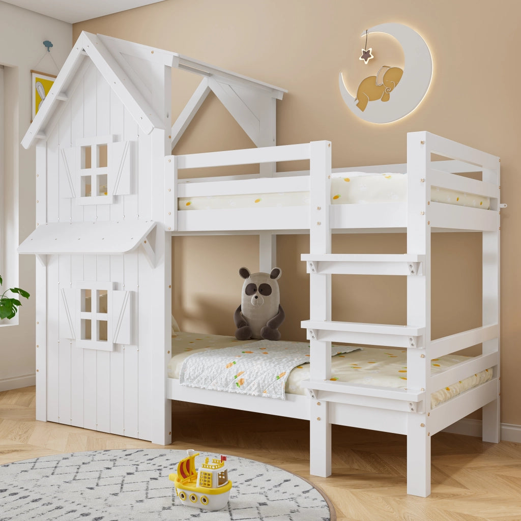Letto a Castello 90 x 200 cm; Letto per Bambini - con Tetto e Finestre - Bianco