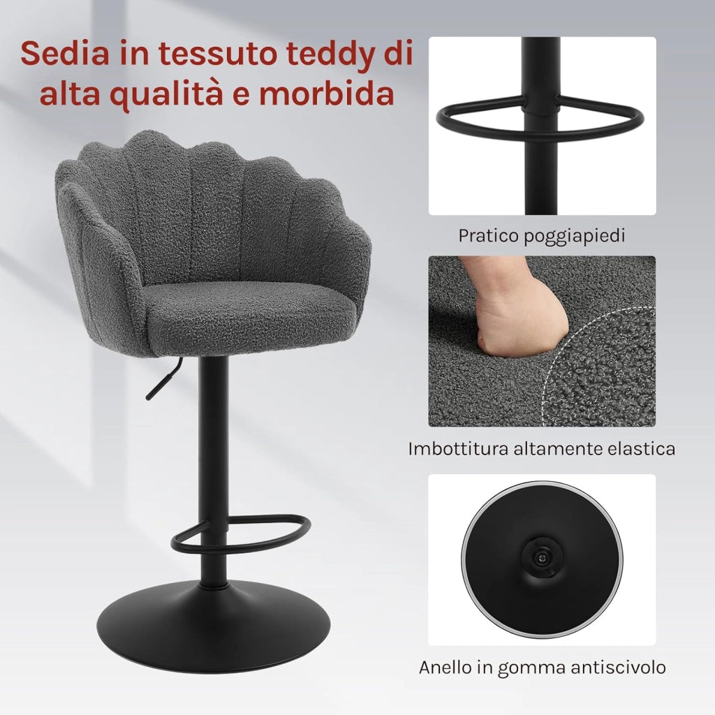 Sgabelli Cucina Set di 2, Regolabile e Girevole a 360°, Seduta in Tessuto Teddy, con Schienale e Poggiapiedi, per Cucina, Sala da Pranzo, Bar, Grigio scuro