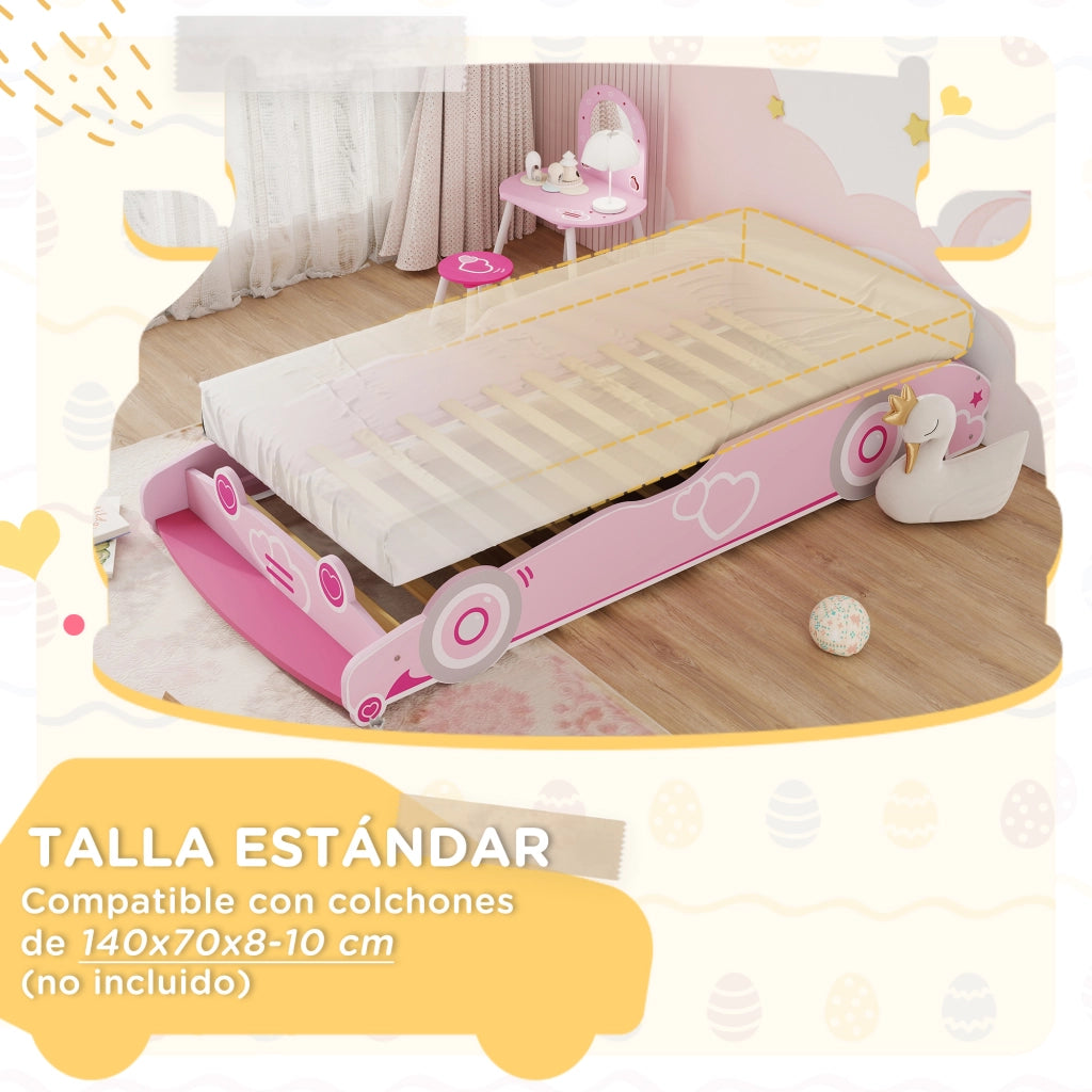 Letto Singolo Infantile con Testiera a Forma di Auto e Barriera Anticaduta ¨C Zephmum ¨C Rosa 70x140 cm