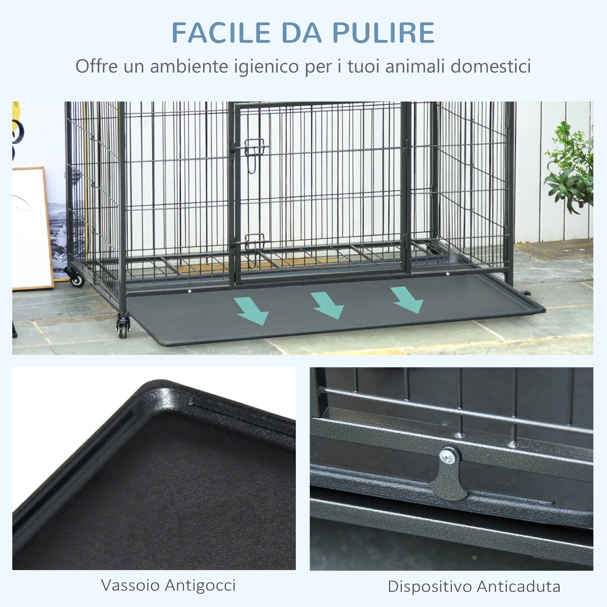 Box Kennel per Cani Pieghevole 94x58x69.5 cm a Doppia Porta con Blocco 4 Ruote e Fondo Rimovibile Grigio