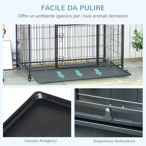 Box Kennel per Cani Pieghevole 94x58x69.5 cm a Doppia Porta con Blocco 4 Ruote e Fondo Rimovibile Grigio