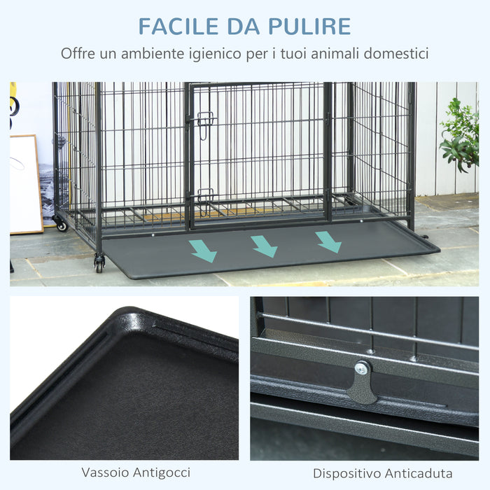 Box Kennel per Cani Pieghevole 94x58x69.5 cm a Doppia Porta con Blocco 4 Ruote e Fondo Rimovibile Grigio