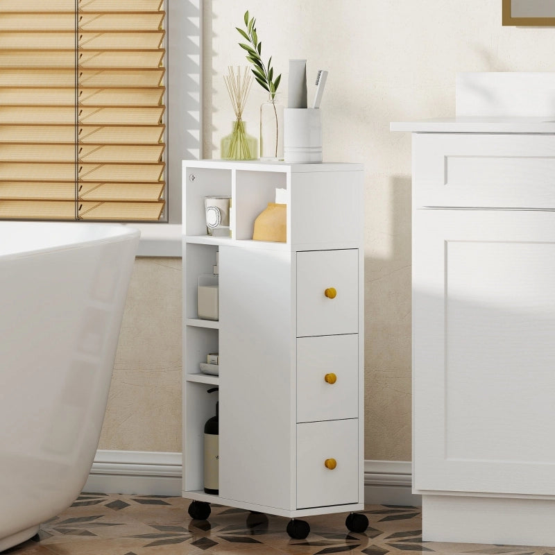 Mobile bagno salvaspazio con ruote, 3 cassetti e 5 vani aperti, 20x40x80 cm bianco