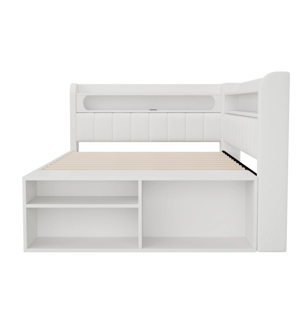 Letto imbottito 90x200 cm con LED; USB; due cassetti e scarpiera; bianco