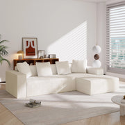 Divano angolare modulare 3 posti con seduta profonda e 4 cuscini, velluto a coste bianco 261 × 146 × 65 cm
