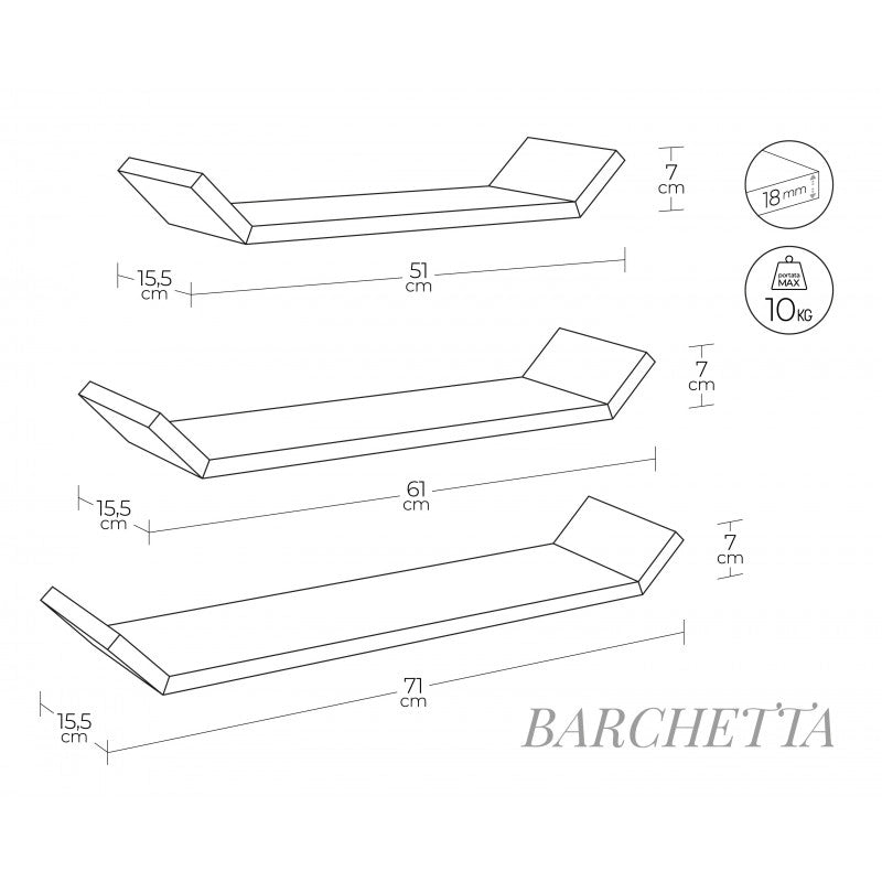 Set di 3 Mensole da Muro Barchetta, Mensola Cameretta e da Parete, Arancione, 71x7x15,5 cm, 61x7x15,5 cm e 51x7x15,5 cm - Barchetta