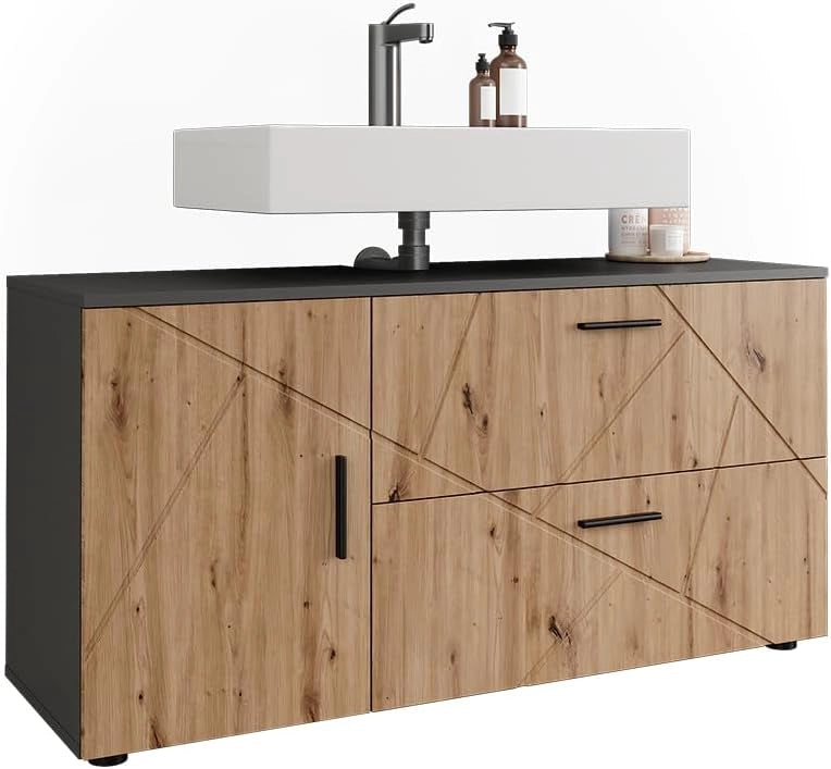 Mobiletto per lavabo Irma, Antracite/Artisan, 120.1 x 60.6 cm con 2 cassetti e 1 anta