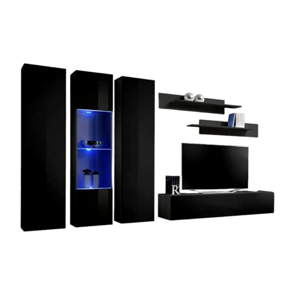 Mobile TV FLY C5 design, colore nero lucido. Mobile sospeso moderno e alla moda per il tuo soggiorno.