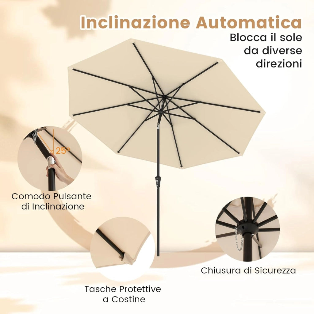 Ombrellone da Giardino 290 cm, con Inclinazione Regolabile, Ombrellone Esterno con 8 stecche Manovella, per Spiaggia Piscina Cortile (Beige, 290 cm 8 Stecche)