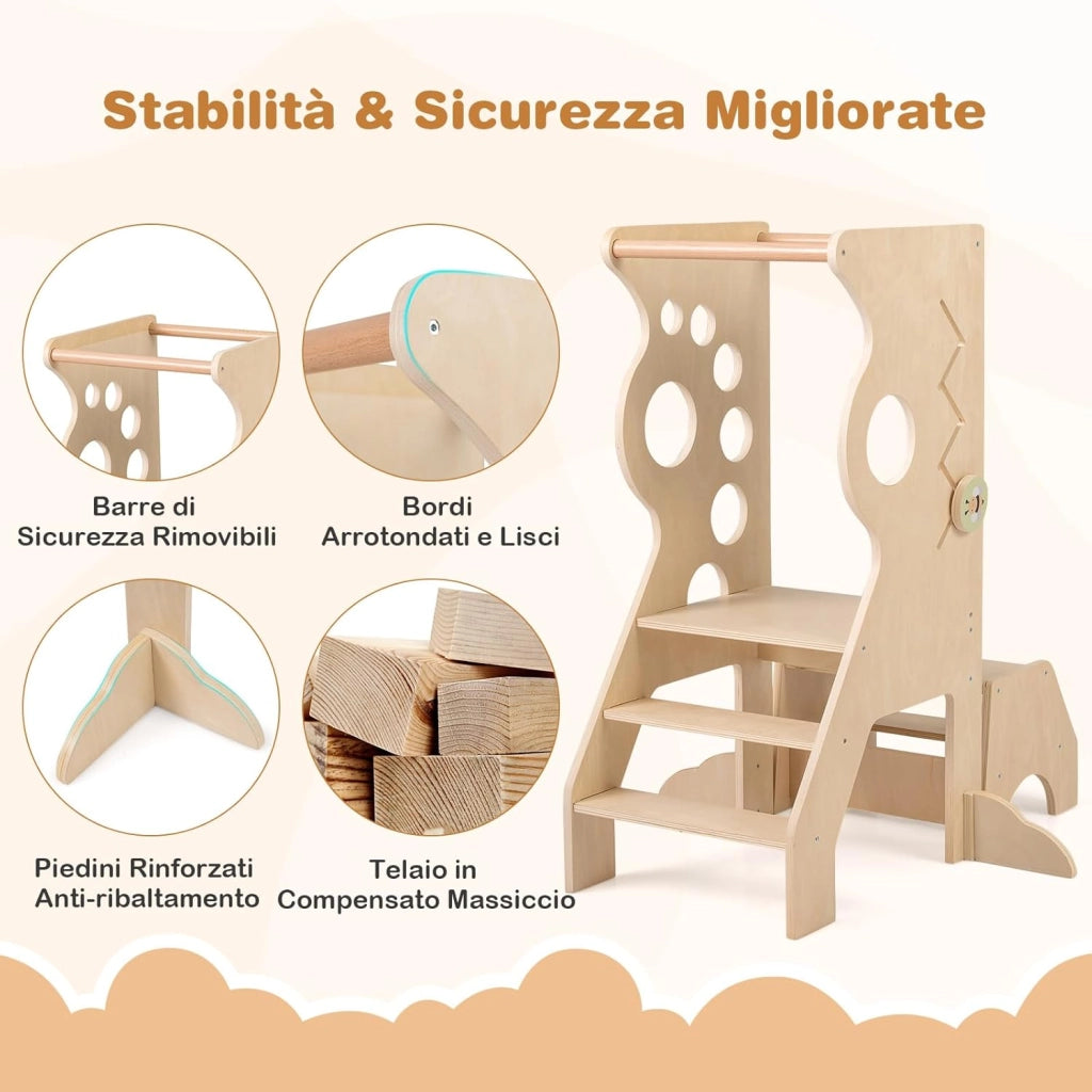 Torretta Montessoriana 2 in 1 in Legno, Torre di Apprendimento con Barre di Sicurezza Rimovibili e Sgabello a 2 Gradini, Set Versatile con Giochi Sensoriali per Bambini 3+ Anni