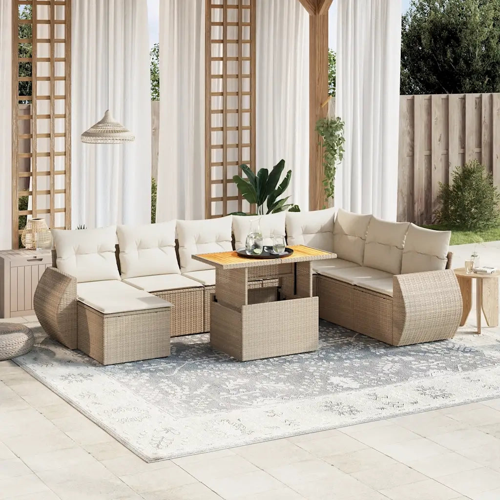 Set Divano da Giardino 9 pz con Cuscini Beige in Polyrattan