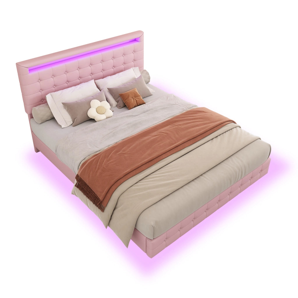 Letto Adulti 140×200 cm; Letto Matrimoniale con LED Regolabile e Testiera Regolabile; senza Materasso; PU; Rosa