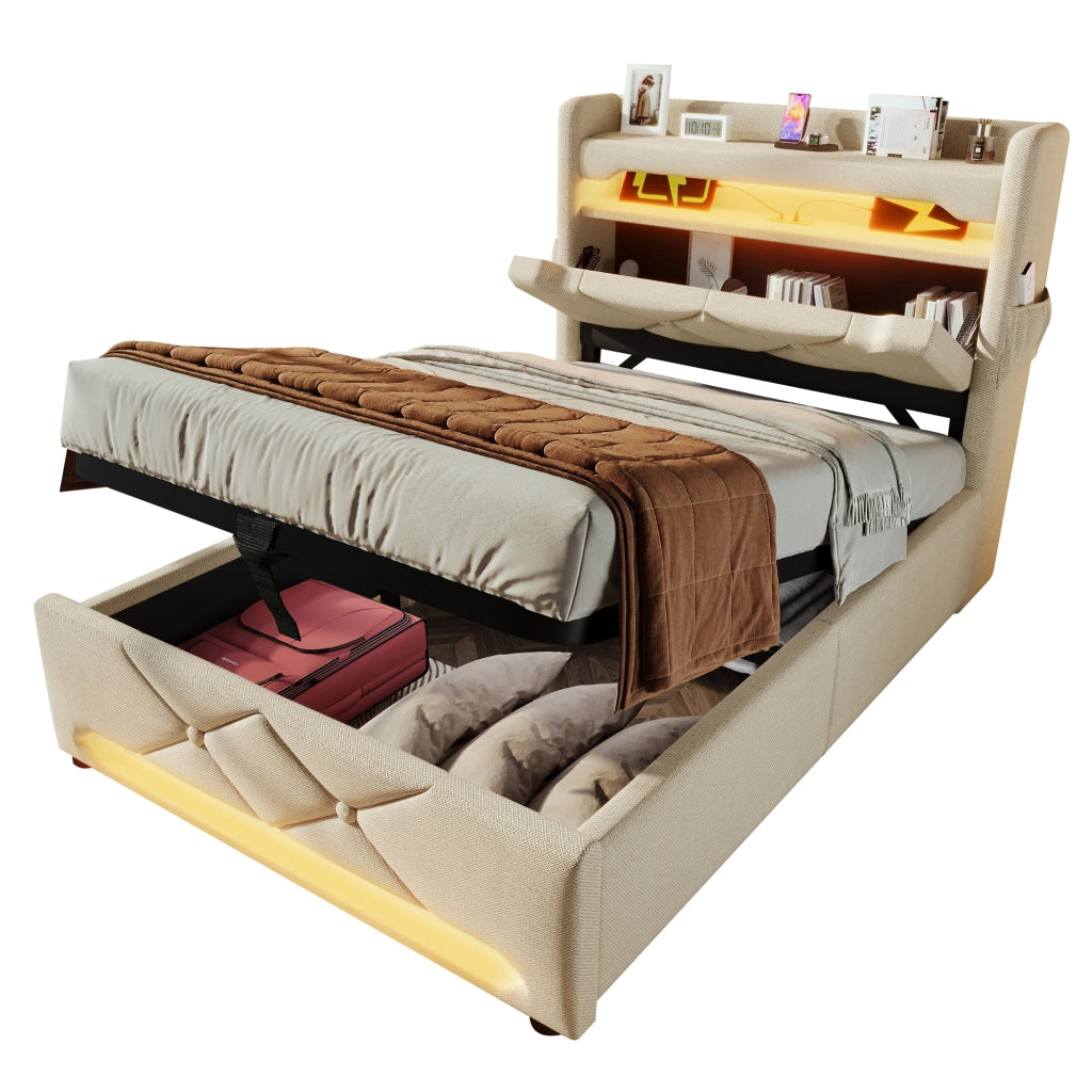 Letto singolo – 90x200 cm – USBC LED 360° contenitore – lino beige