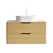Mobile bagno con lavabo ovale in ceramica e 2 cassetti; top effetto travertino; per bagno; beige rovere bianco