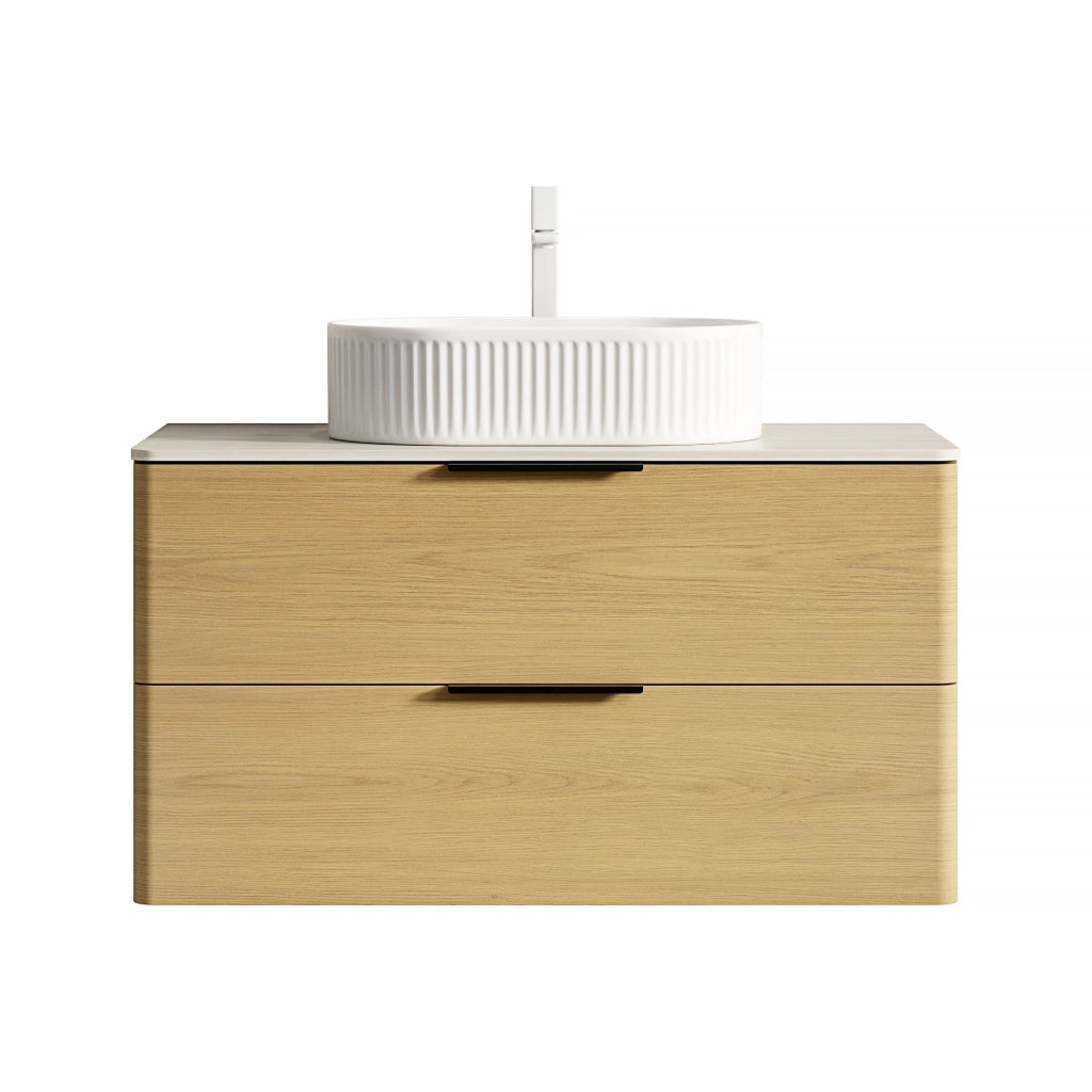 Mobile bagno con lavabo ovale in ceramica e 2 cassetti; top effetto travertino; per bagno; beige rovere bianco