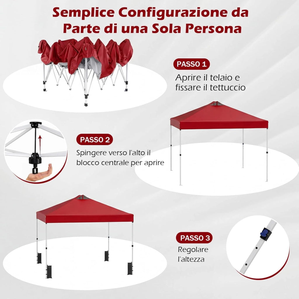 Gazebo Pieghevole Pop-up da 3 x 3 m, Gazebo da Giardino Impermeabile con Blocco Centrale, Borsa da Trasporto, Sacchi di Sabbia e Picchetti, Regolabile in Altezza (Rosso)
