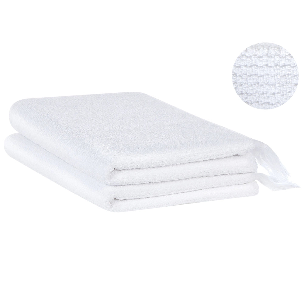 Set di 2 asciugamani bagno in spugna di cotone bianco con nappe decorative