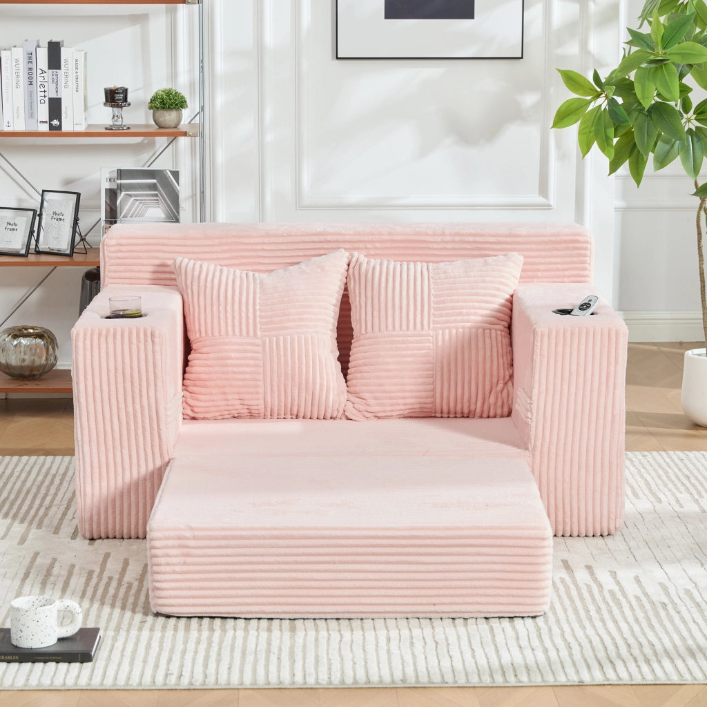 Divano due posti rosa 151 x 133 x 64 cm con cuscini e portabicchieri; velluto a coste