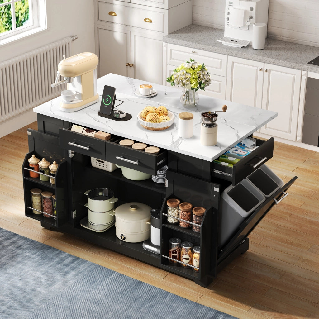 Mobile contenitore con piano ribaltabile; prese e vano rifiuti per cucina in MDF nero 138 x 86 x 92 cm