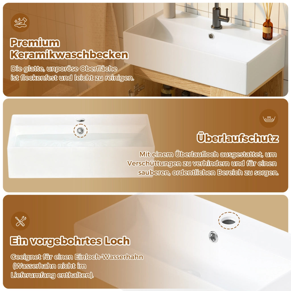 Mobile sottolavabo con lavabo in ceramica, 1 anta, ripiani aperti e porta carta igienica, per bagno, 55 × 32 × 87 cm