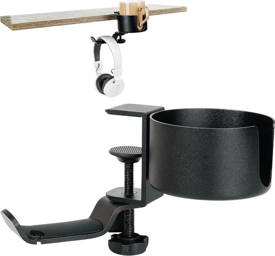Bacino multifunzionale per scrivania e supporto per cuffie - Bracket rotante 360° - Supporto anti-schegge per bicchieri per computer o gaming PC