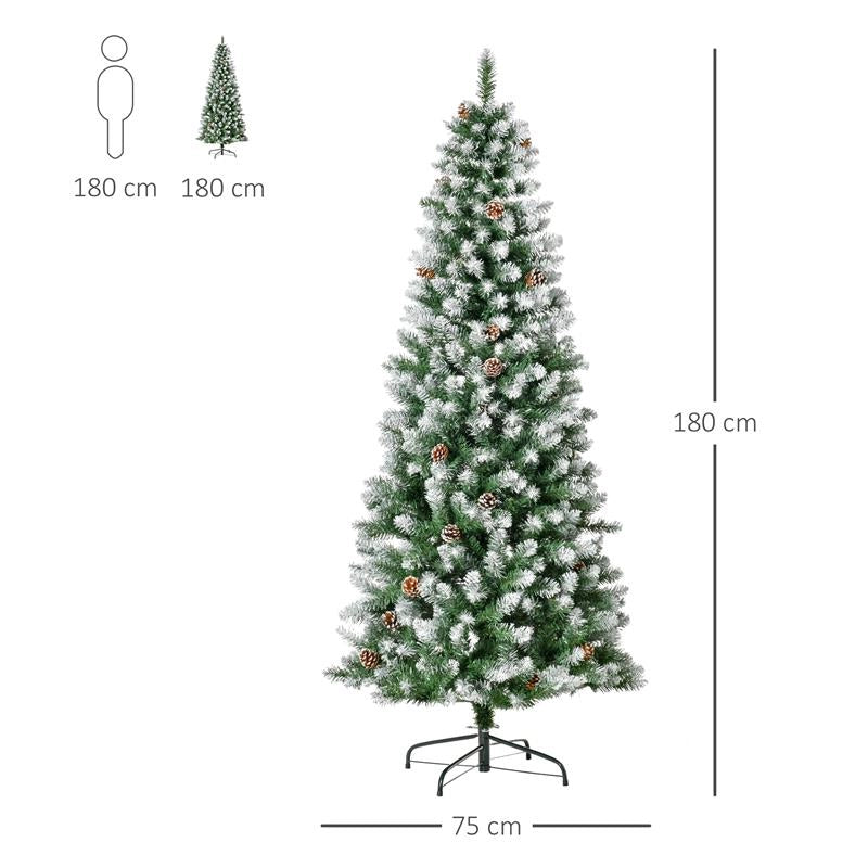 ALBERO DI NATALE INNEVATO DA 180 CM CON 630 RAMI E 37 PIGNE, IN PLASTICA E METALLO, VERDE E BIANCO