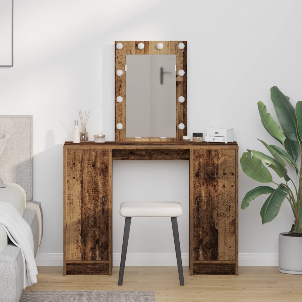 Tavolo da toeletta con luci LED Legno Antico 102x33x135 cm