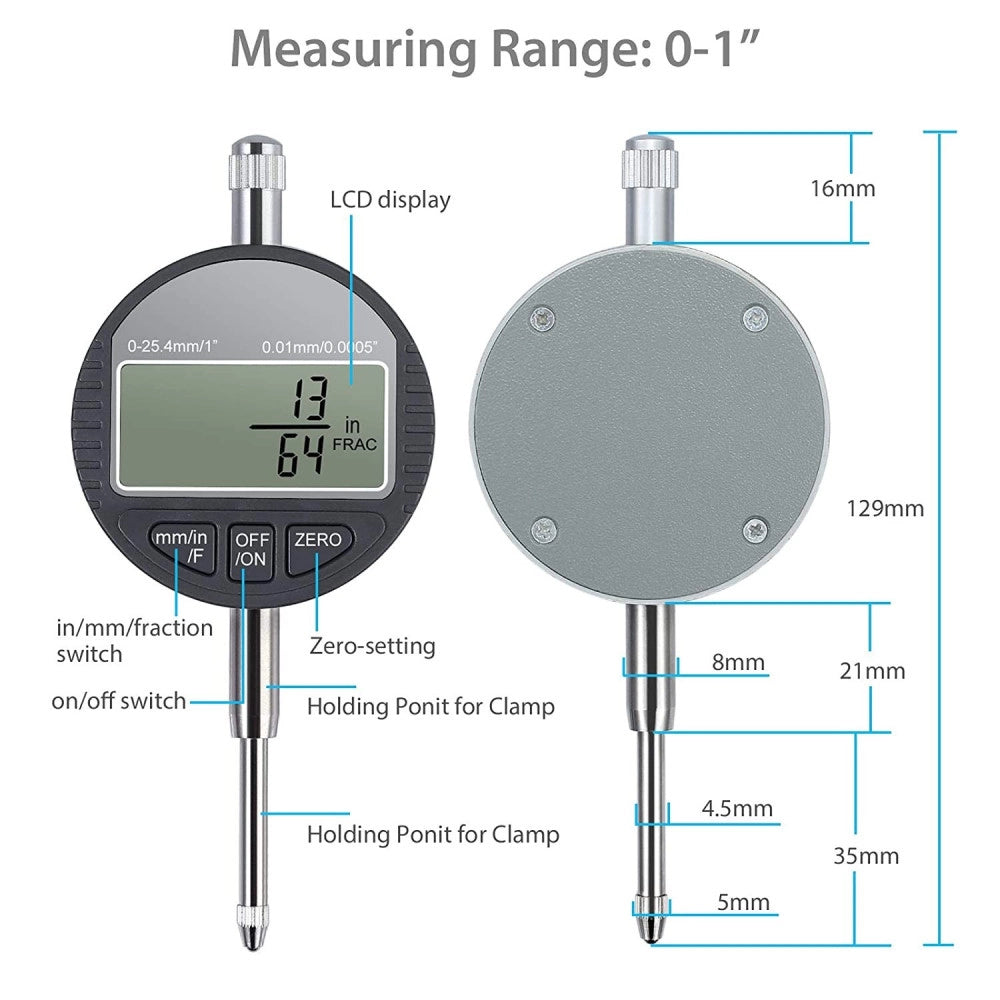 Trade Shop - Comparatore Centesimale Digitale Con Display 0-25,4mm/0,5" Tornio  0,01mm/0,005" -