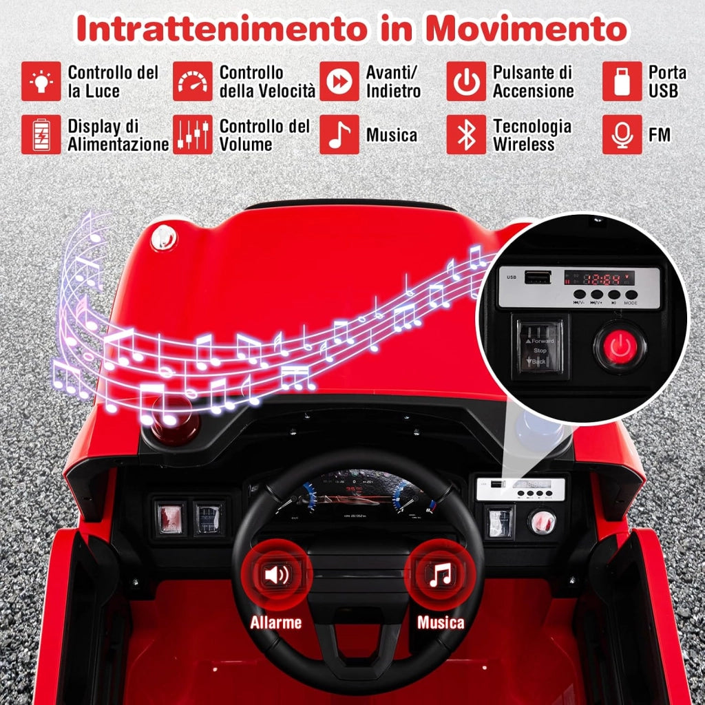Camion dei Pompieri per Bambini, 12V Macchina Elettrica con Spruzzatore d'Acqua, Telecomando, Musica, Sirena, Luci e Avvio Morbido, Veicolo Elettrico per Bambini 3+ Anni
