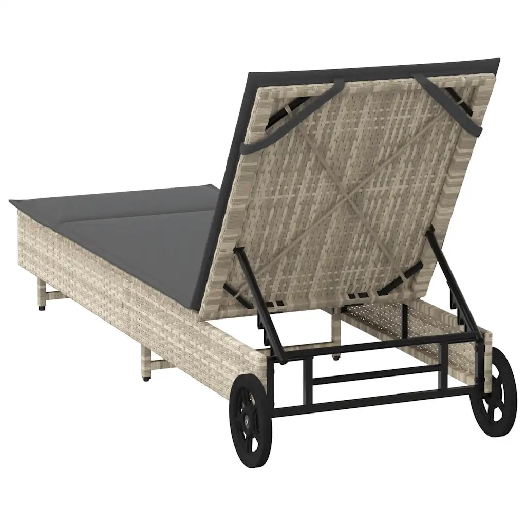 Lettino Prendisole con Ruote e Cuscino Polyrattan Grigio Chiaro 4104038