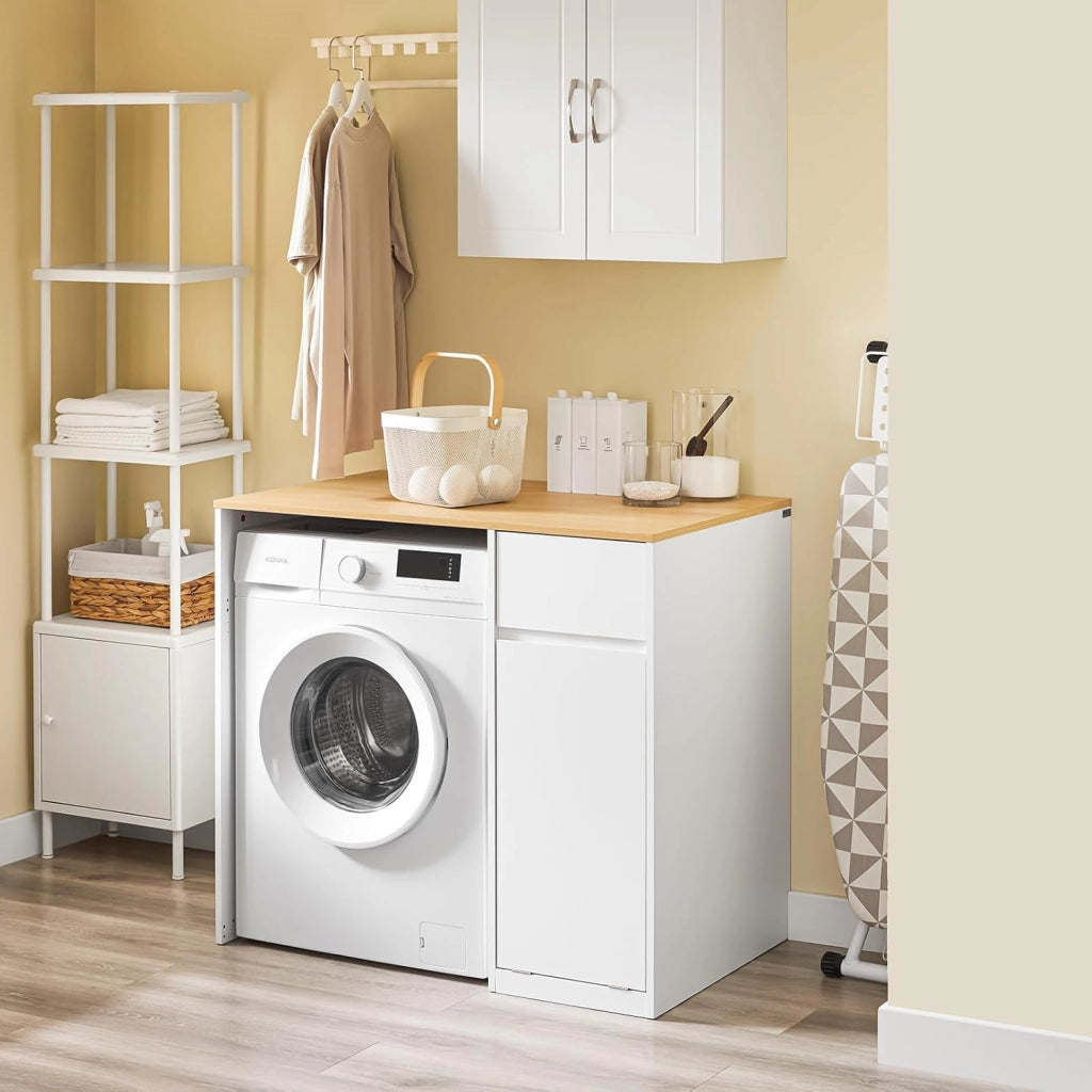 Mobile per lavatrice – Armadio da bagno con cesto portabiancheria e cassetto, per lavatrice e asciugatrice, Mobiletto salvaspazio legno, Bianco,100×60×90 cm, BZR217-WN