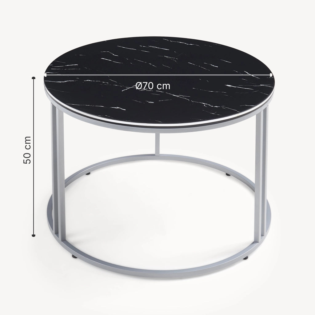 Tavolino Basso da Caffè 'Aulum' Piano Rotondo - Effetto Marmo Nero / Argentato [en.casa]