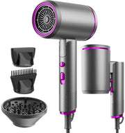 Föhn professionale da viaggio pieghevole 2400 W con diffusore, unisex, forte flusso d'aria per asciugatura rapida, facile da trasportare, disponibile in grigio/porpora.