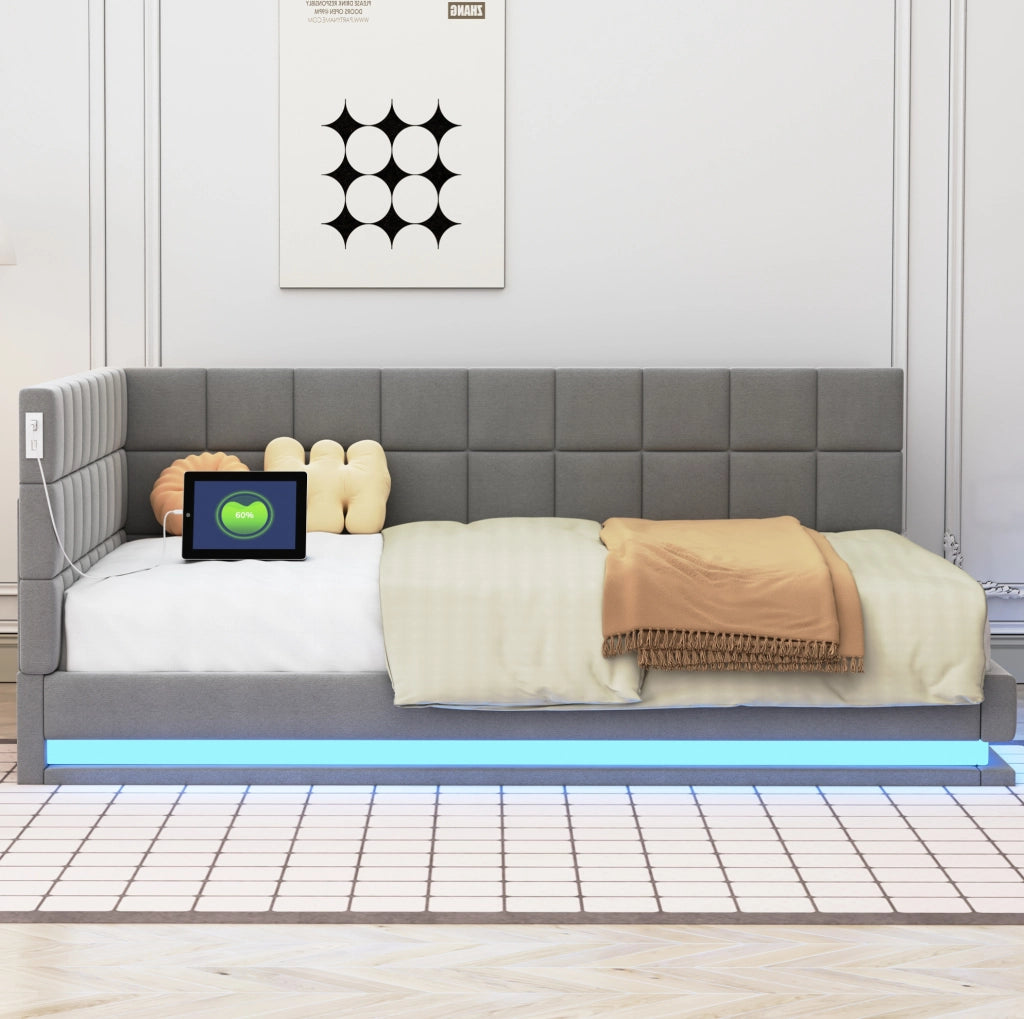 Divano letto imbottito 140x200 cm con LED e porta USB; grigio
