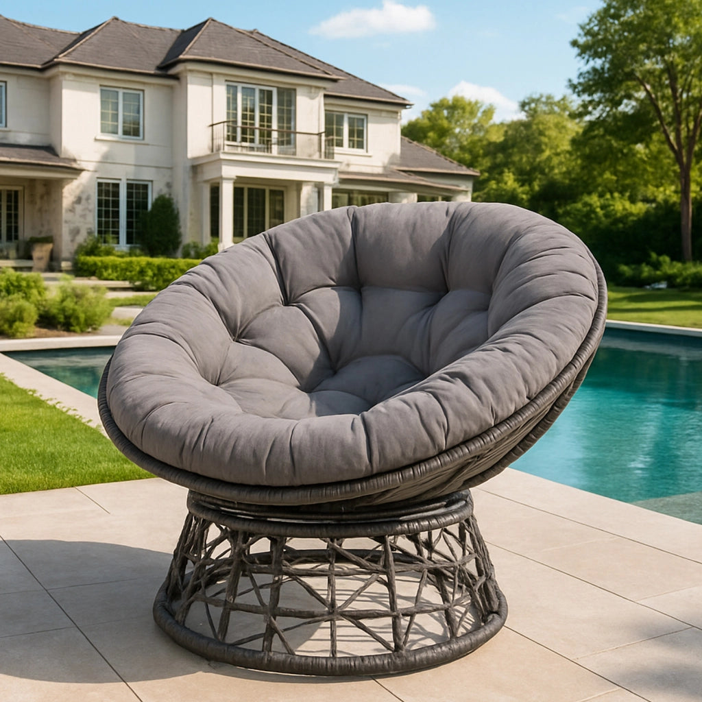 Poltrona Relax Girevole Da Esterno Con Cuscino Imbottito Seduta Rotazione 360 Gradi Per Giardino 64 x 80.5 Cm Grigio