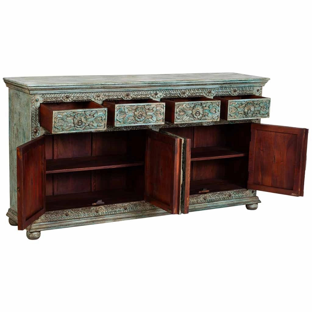 Credenza in legno blu intagliata a mano 180x45x96h cm