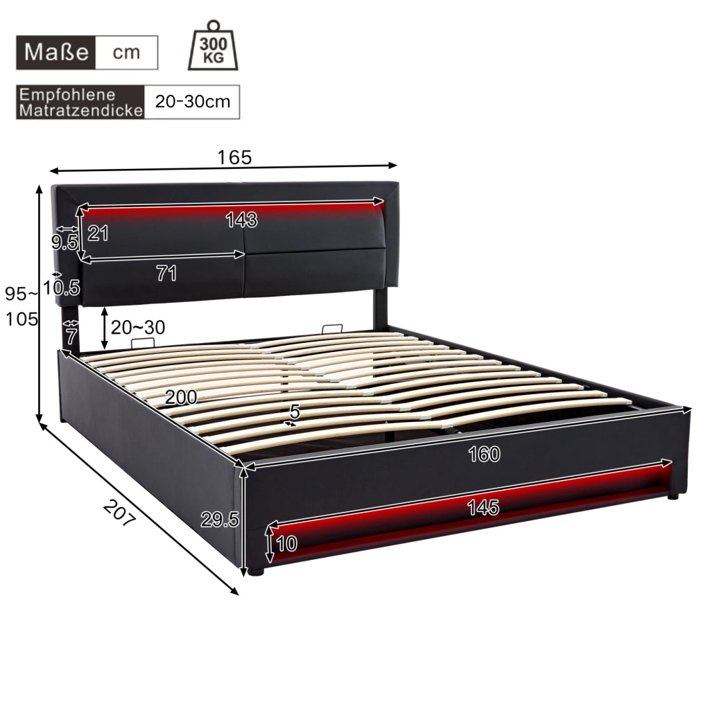 Letto imbottito 160x200 cm in PU nero con USB; LED e contenitore