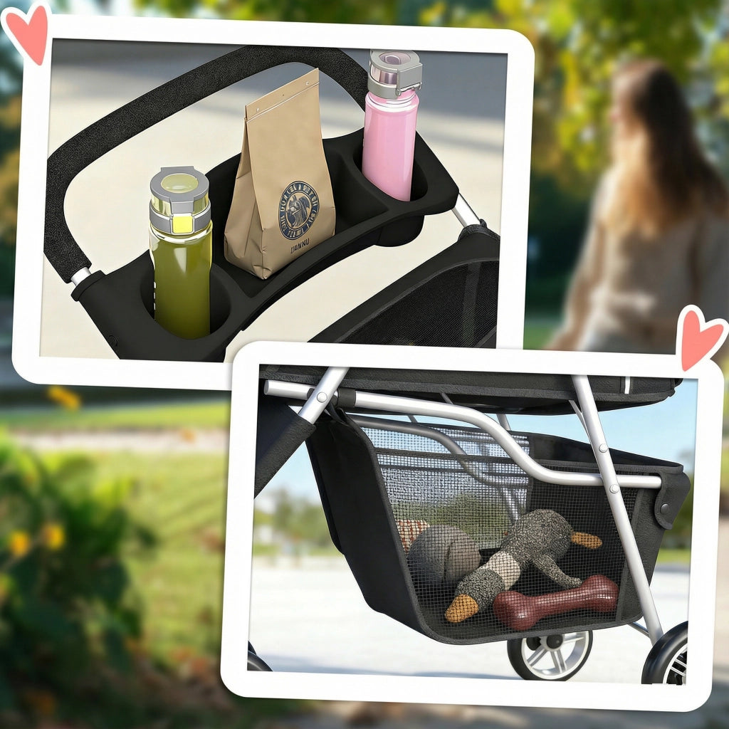 Carrello per Cani Pieghevole con Cestino e Cuscino ¨C zephmum ¨C Nero