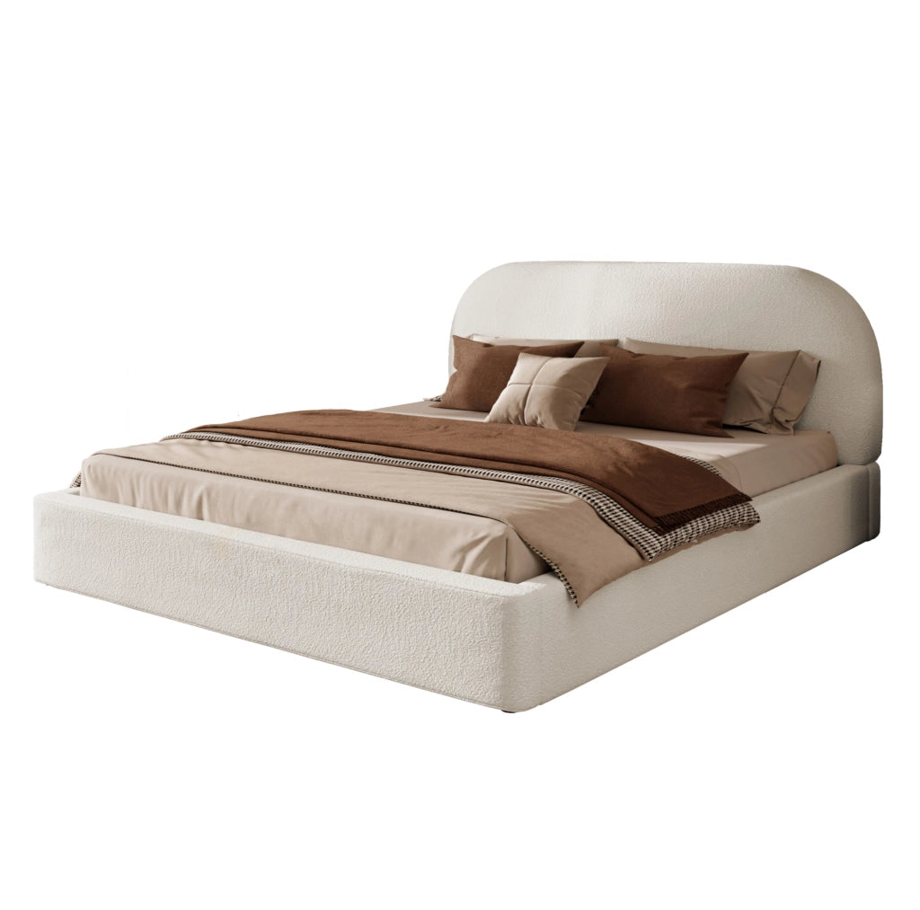 Letto matrimoniale 180x200 cm con rete a doghe; testiera imbottita in bouclé beige