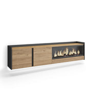 Mobile TV Soggiorno, 212x50x35 cm, Per TV fino a 80", Camino elettrico XXL, Sospeso, da appendere, LED, Rovere e nero