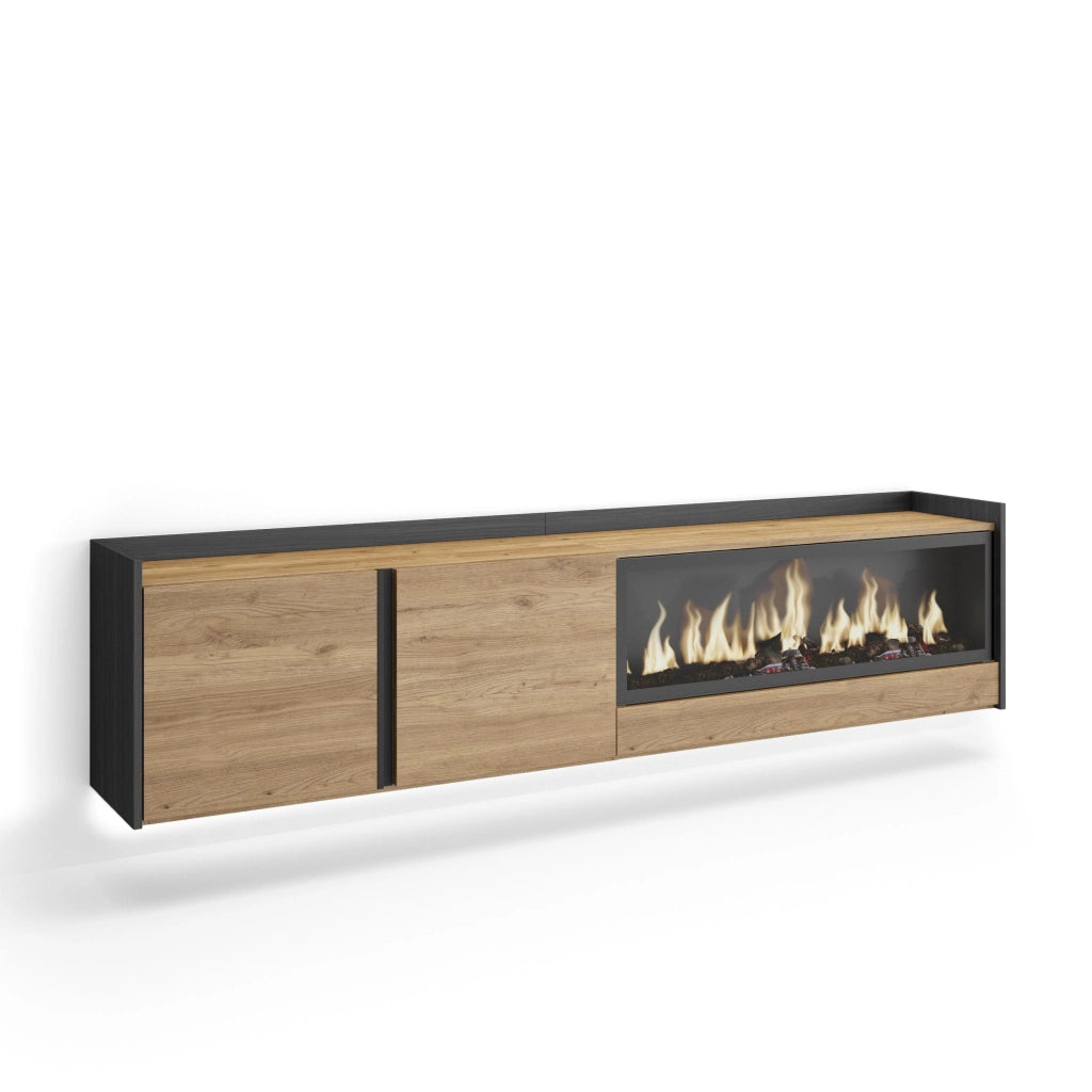Mobile TV Soggiorno, 212x50x35 cm, Per TV fino a 80", Camino elettrico XXL, Sospeso, da appendere, LED, Rovere e nero
