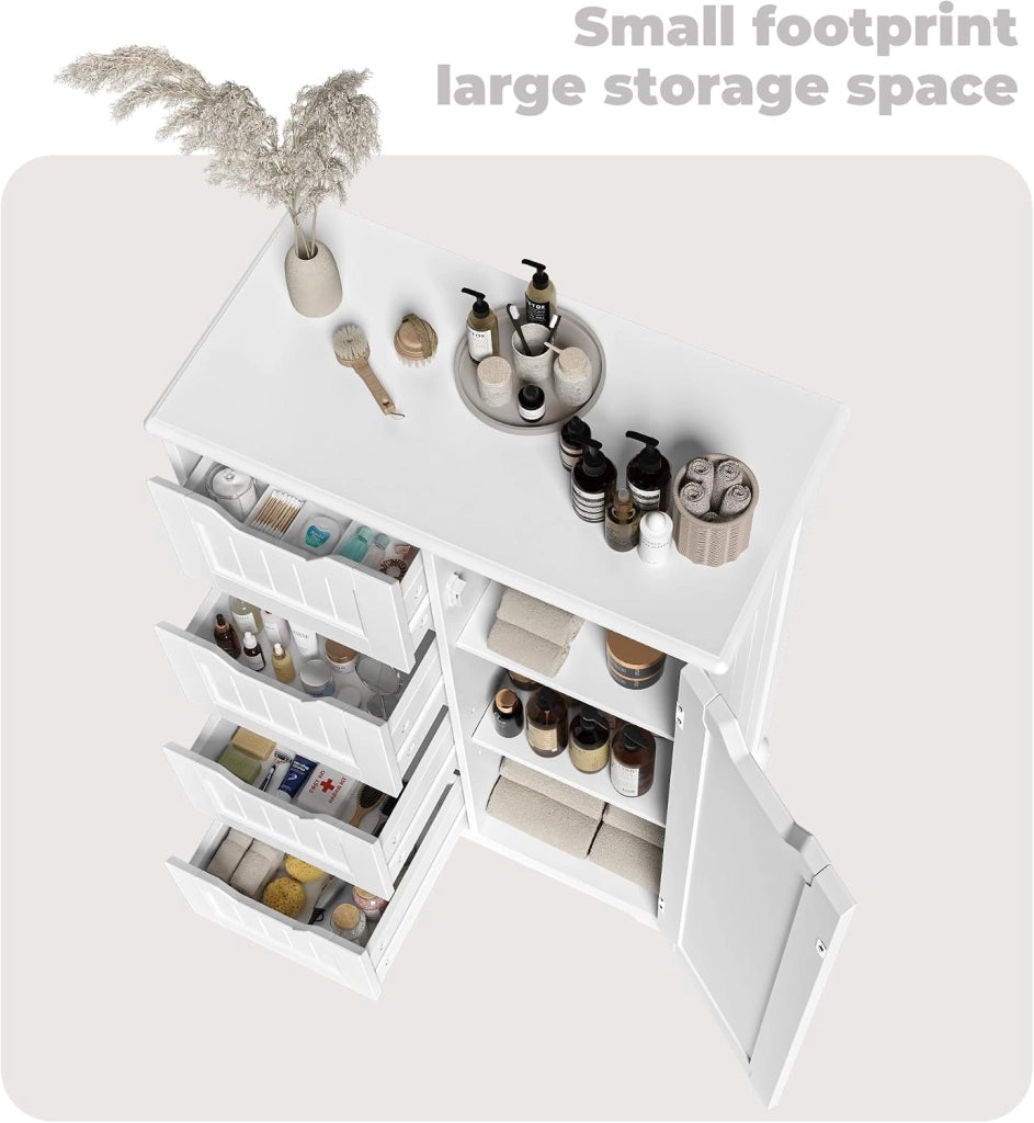 Armadietto per bagno con 4 cassetti, Armadietto autonomo, Armadietto laterale con anta e divisore regolabile, per bagno, ingresso, 30x60x85CM,Bianco