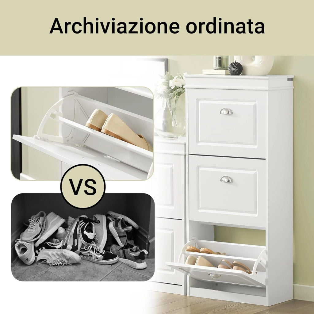 Scarpiera Salvaspazio Slim Legno - Mobiletto da Ingresso 3 Ante a Ribalta, Armadio Portascarpe Scarpiera Moderna per Ingresso, Corridoio o Camera da Letto 53x24x117cm Bianca FSR94-W