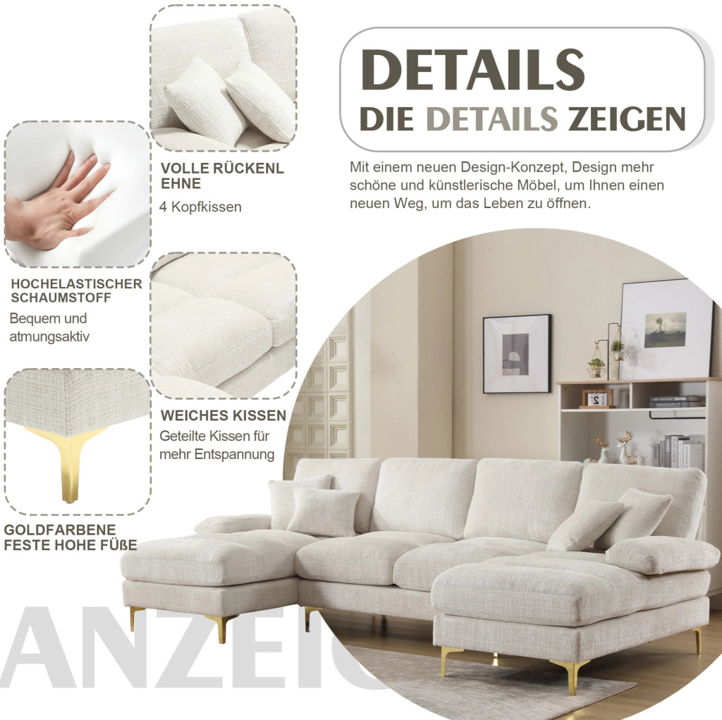 Divano componibile a U in chenille beige con doppia chaise longue