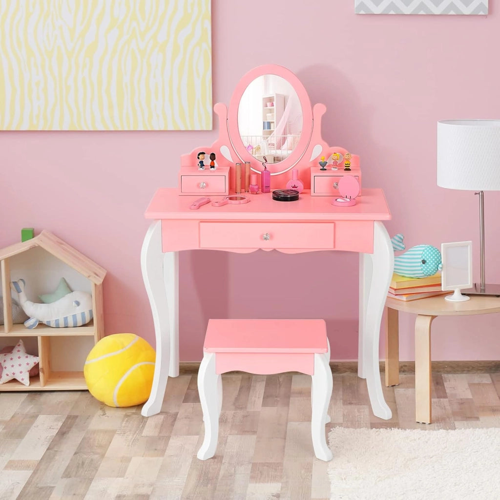 Toeletta Trucco con Sgabello per Bambini, Toeletta Trucco Bambina con Specchio Girevole a 360° e 3 Cassetti, 2-in-1 Postazione Trucco, 3+ Anni (Rosa)