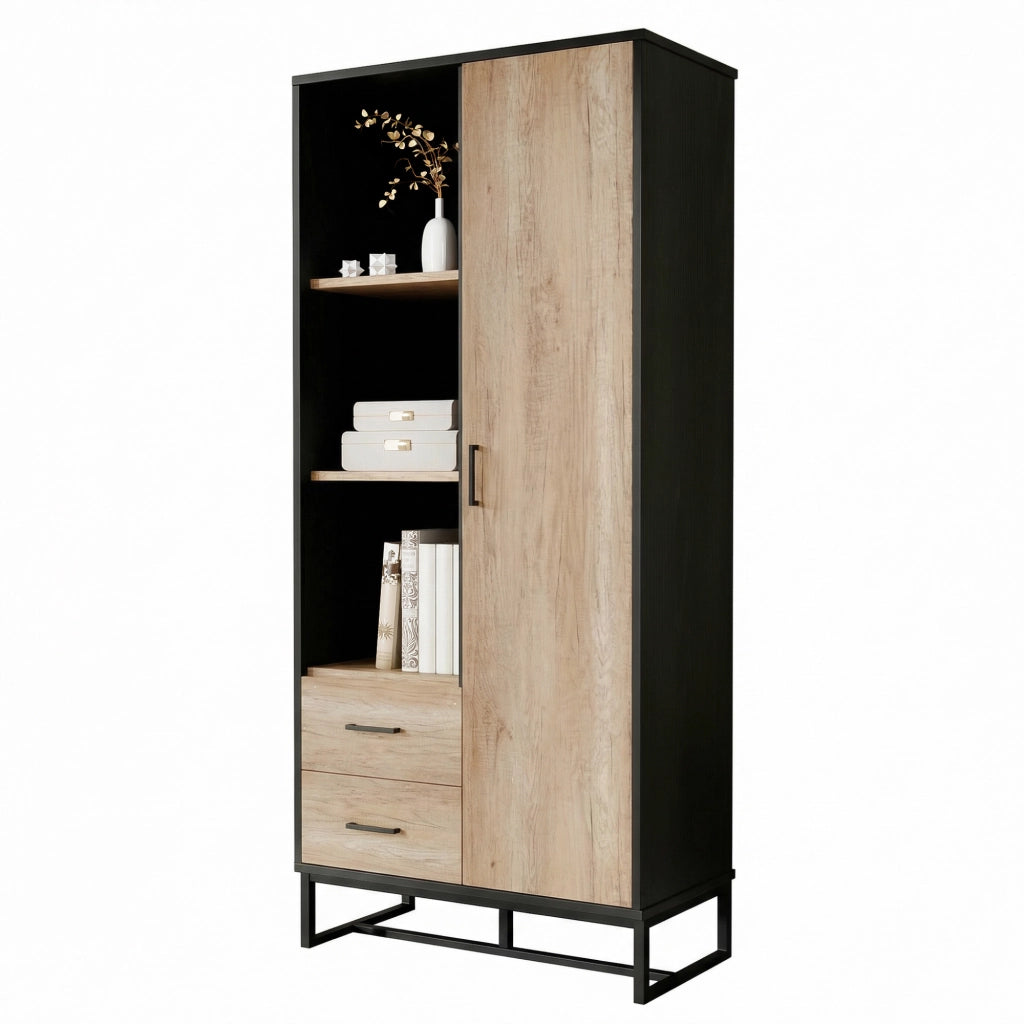 Credenza alta con 1 anta; 2 cassetti e 3 vani aperti per soggiorno; ufficio e ingresso; in MDF; nero e legno; 80 × 40 × 180 cm