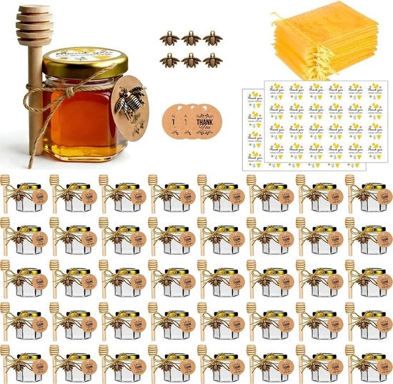 Mini vasi per miele 40x 45 ml – Piccoli vasi in vetro con spatola per l'abrasione e cordoncino – Mini vasi per miele come regalo per baby shower, matrimoni o feste