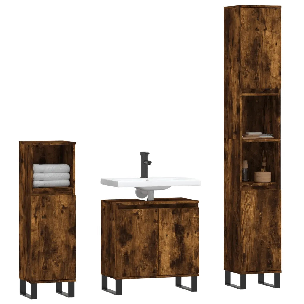 Set Mobili da Bagno 3 pz Rovere Fumo in Legno Multistrato 3187802