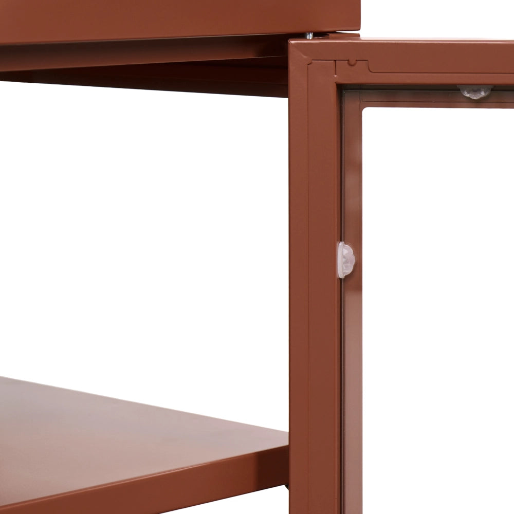 Credenza in acciaio con vetro temperato a 3 ante e ripiani regolabili marrone dorato arredi per il soggiorno dal design moderno.
